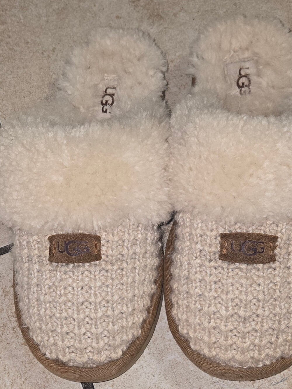UGG Cream Knit Slippers with Chestnut Trim
